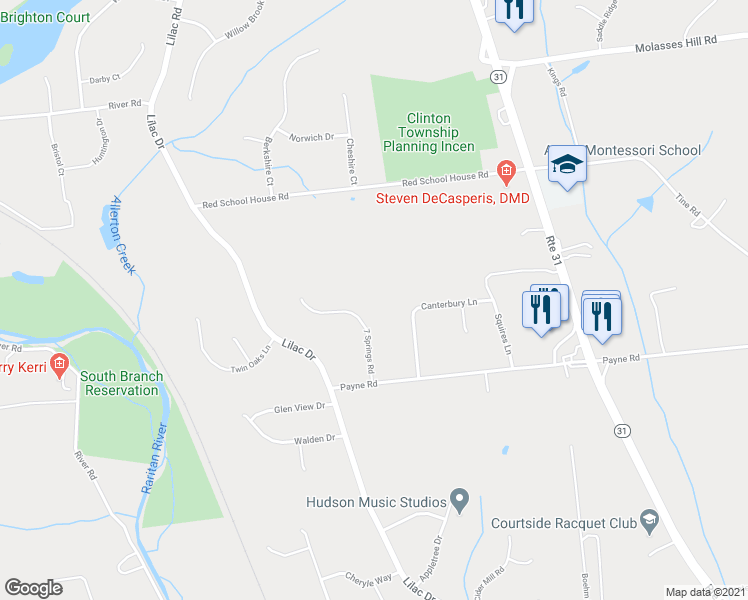 map of restaurants, bars, coffee shops, grocery stores, and more near 10 7 Springs Road in Lebanon