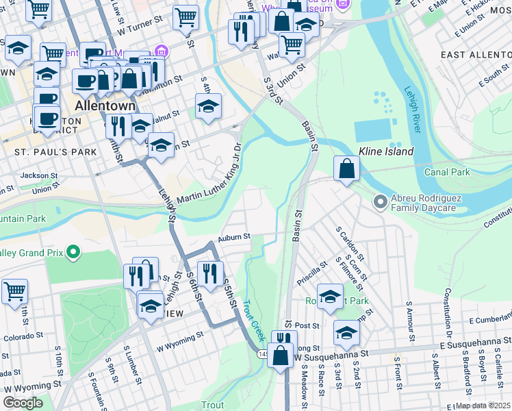 map of restaurants, bars, coffee shops, grocery stores, and more near 327 Market Street in Allentown