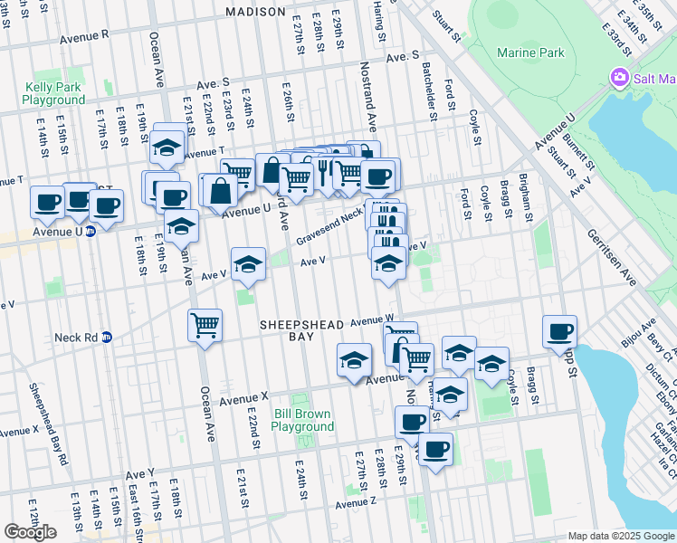 map of restaurants, bars, coffee shops, grocery stores, and more near 2217 East 27th Street in Brooklyn