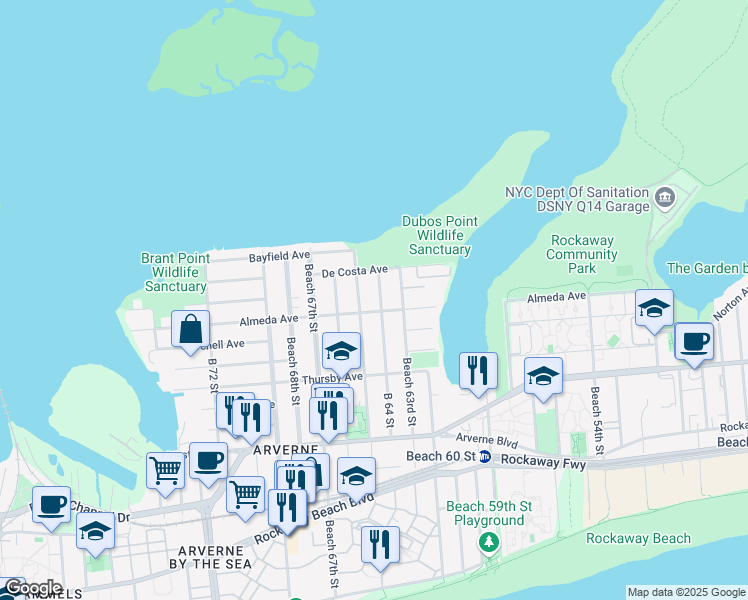 map of restaurants, bars, coffee shops, grocery stores, and more near 6-11 B 64 Street in Queens