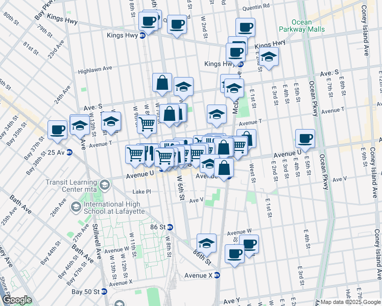 map of restaurants, bars, coffee shops, grocery stores, and more near 2055 West 5th Street in Brooklyn