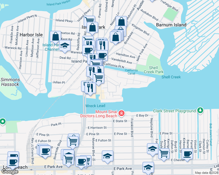 map of restaurants, bars, coffee shops, grocery stores, and more near 4 Baker Court in Barnum Island
