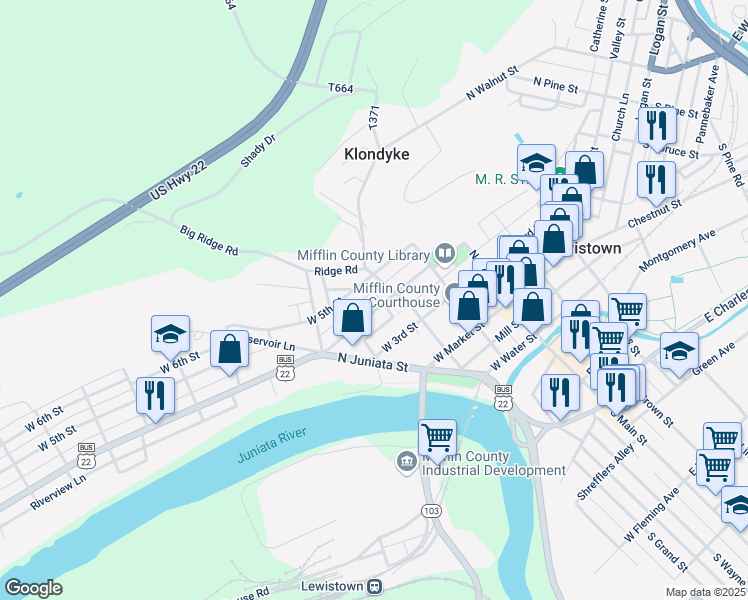 map of restaurants, bars, coffee shops, grocery stores, and more near 113 West 4th Street in Lewistown