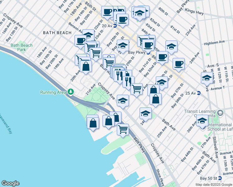 map of restaurants, bars, coffee shops, grocery stores, and more near 8811 Bay Parkway in Brooklyn