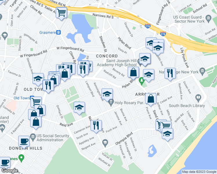 map of restaurants, bars, coffee shops, grocery stores, and more near 8 Bionia Avenue in Staten Island