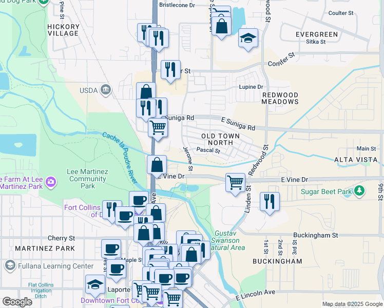 map of restaurants, bars, coffee shops, grocery stores, and more near 750 Jerome Street in Fort Collins