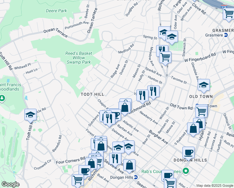 map of restaurants, bars, coffee shops, grocery stores, and more near 4 Alderwood Place in Staten Island