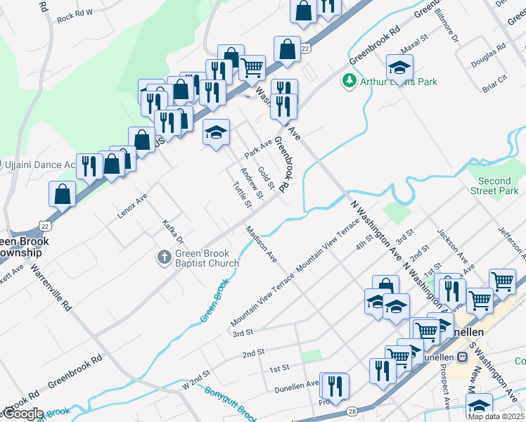 map of restaurants, bars, coffee shops, grocery stores, and more near 135 Greenbrook Road in Green Brook Township