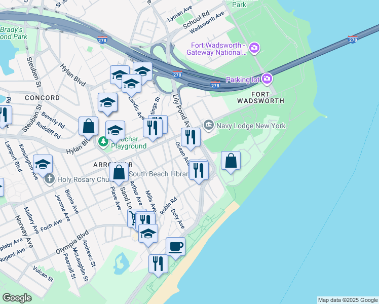 map of restaurants, bars, coffee shops, grocery stores, and more near 45 Ocean Ave in Staten Island