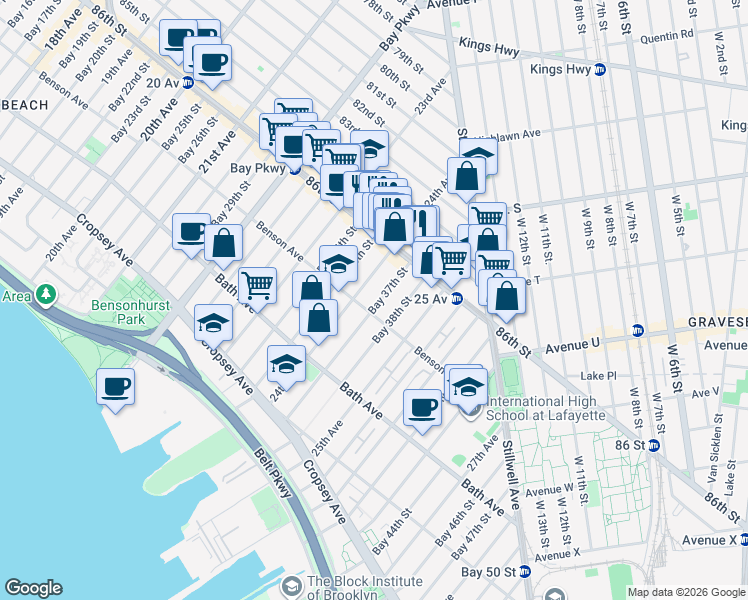 map of restaurants, bars, coffee shops, grocery stores, and more near 72 Bay 37th Street in Brooklyn