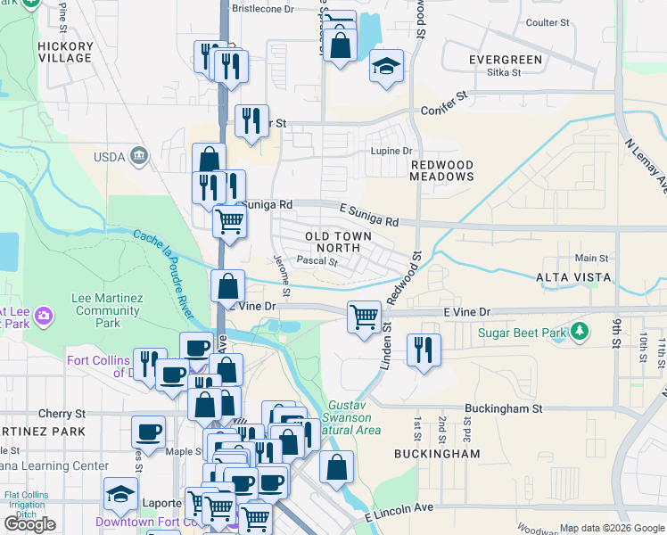 map of restaurants, bars, coffee shops, grocery stores, and more near 257 Pascal Street in Fort Collins