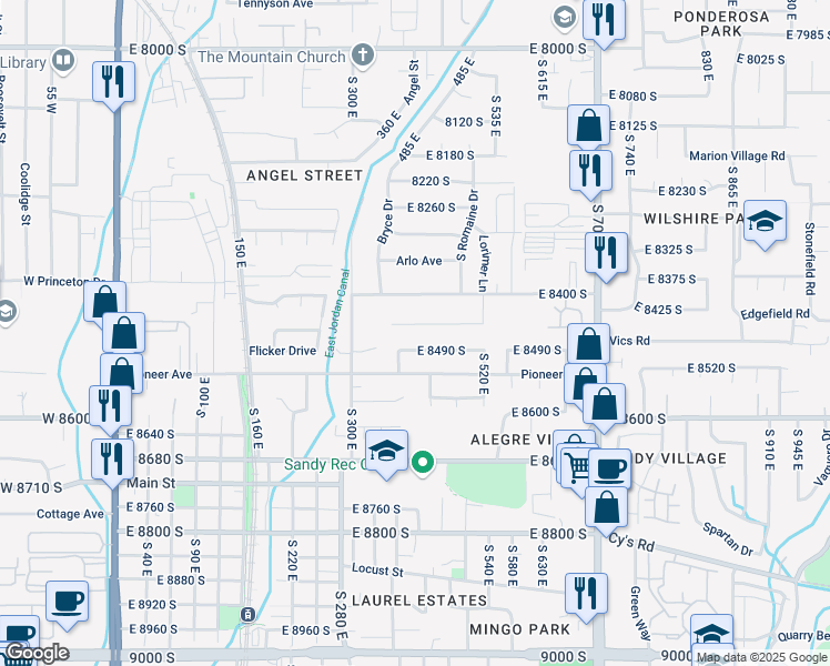 map of restaurants, bars, coffee shops, grocery stores, and more near 426 East Sandy Oaks Drive in Sandy