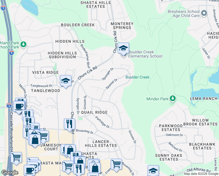map of restaurants, bars, coffee shops, grocery stores, and more near 823 Spaniel Drive in Redding