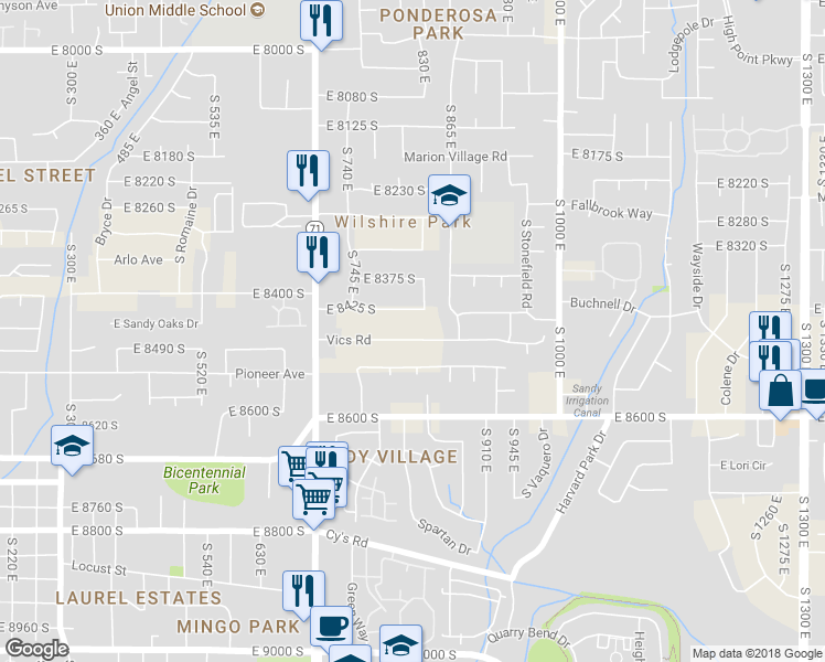 map of restaurants, bars, coffee shops, grocery stores, and more near 841 Vics Road in Sandy