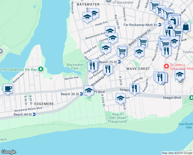 map of restaurants, bars, coffee shops, grocery stores, and more near 521 Beach 32nd Street in Queens
