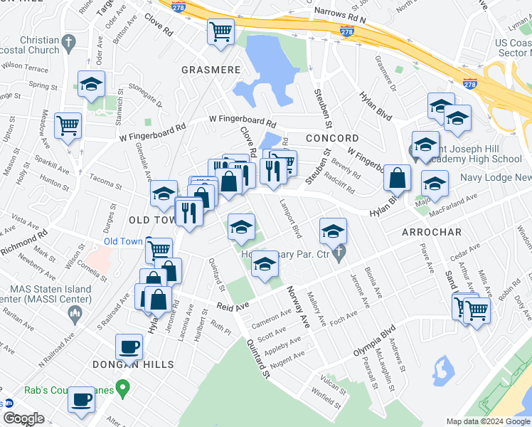 map of restaurants, bars, coffee shops, grocery stores, and more near 34 Mallory Avenue in Staten Island