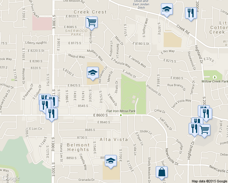 map of restaurants, bars, coffee shops, grocery stores, and more near 8466 Strato Dr in Sandy