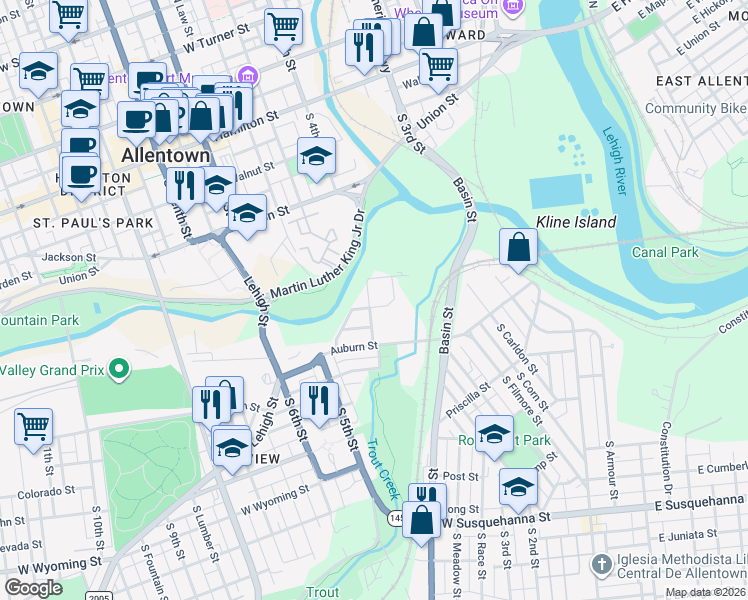 map of restaurants, bars, coffee shops, grocery stores, and more near 345 Market Street in Allentown