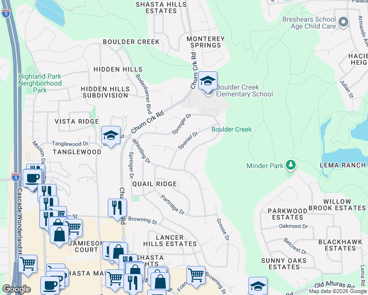 map of restaurants, bars, coffee shops, grocery stores, and more near 823 Spaniel Drive in Redding