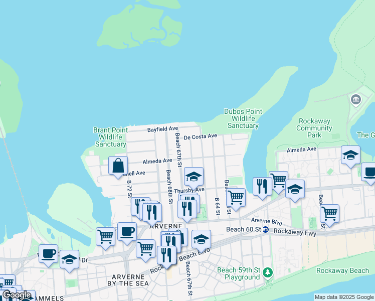 map of restaurants, bars, coffee shops, grocery stores, and more near 618 Beach 66th Street in Queens