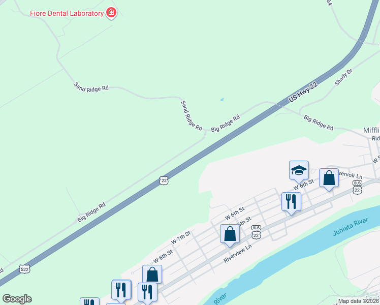 map of restaurants, bars, coffee shops, grocery stores, and more near 769 Big Ridge Road in Lewistown