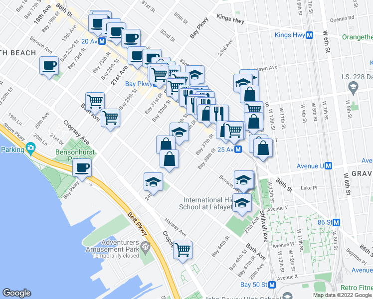map of restaurants, bars, coffee shops, grocery stores, and more near 24th Avenue in Brooklyn