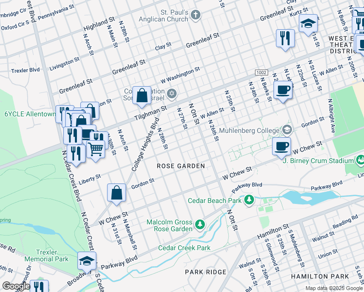 map of restaurants, bars, coffee shops, grocery stores, and more near 2721 Liberty Street in Allentown