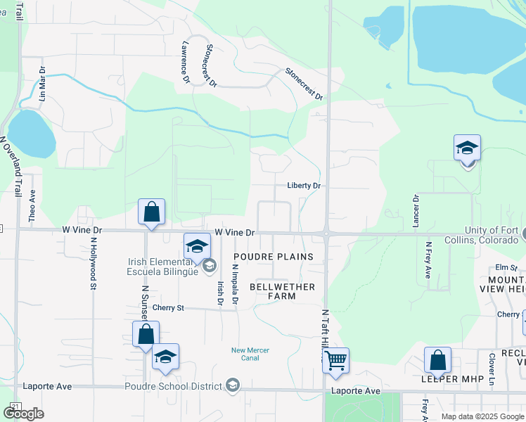 map of restaurants, bars, coffee shops, grocery stores, and more near 716 North Hillcrest Drive in Fort Collins