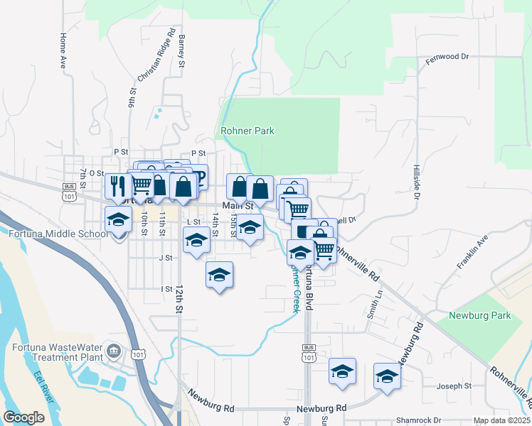 map of restaurants, bars, coffee shops, grocery stores, and more near 1665 Main St in Fortuna