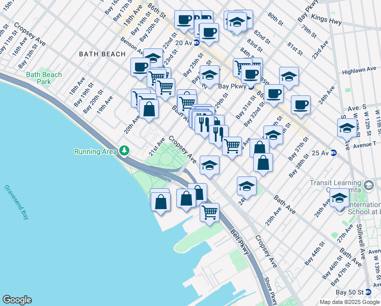 map of restaurants, bars, coffee shops, grocery stores, and more near 8811 Bay Parkway in Brooklyn