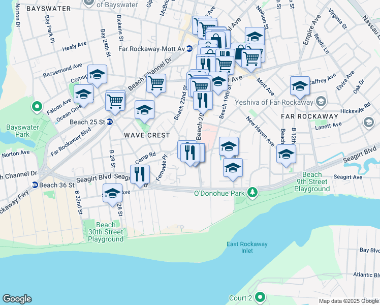 map of restaurants, bars, coffee shops, grocery stores, and more near 20-18 Plainview Avenue in Queens