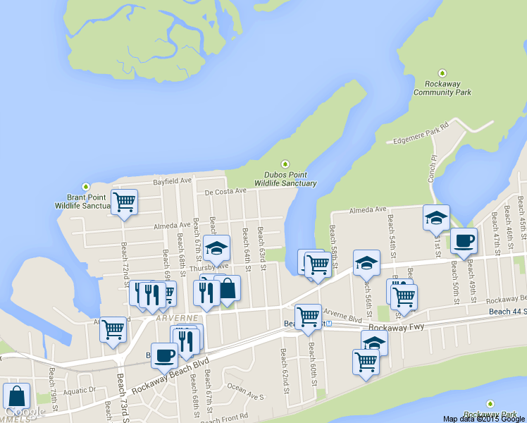 map of restaurants, bars, coffee shops, grocery stores, and more near 6-02 Beach 63rd St in Queens