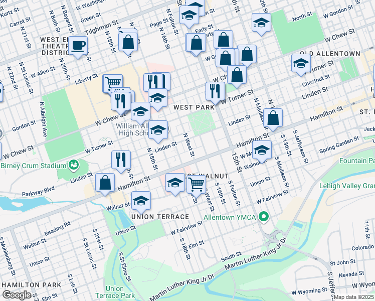 map of restaurants, bars, coffee shops, grocery stores, and more near 24 North West Street in Allentown
