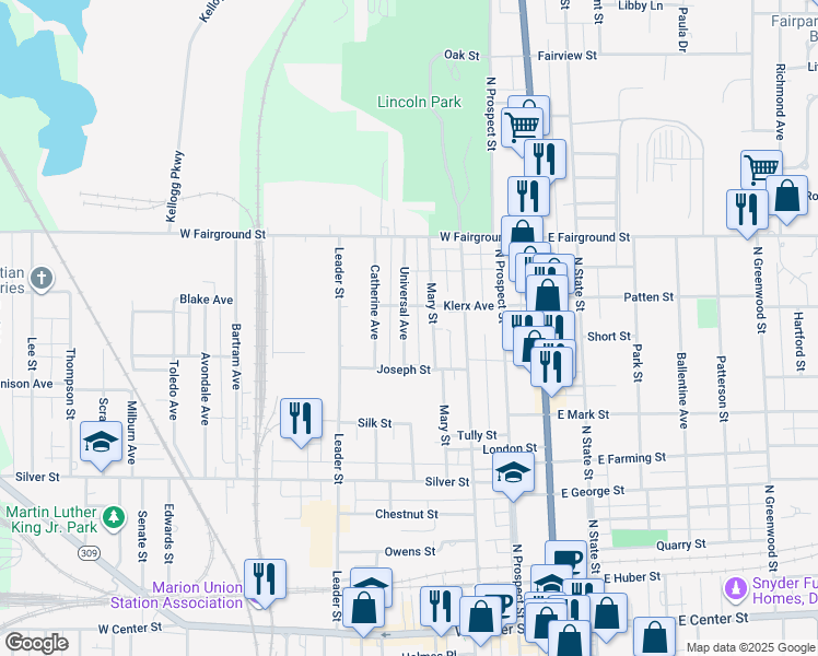 map of restaurants, bars, coffee shops, grocery stores, and more near 546 Universal Avenue in Marion