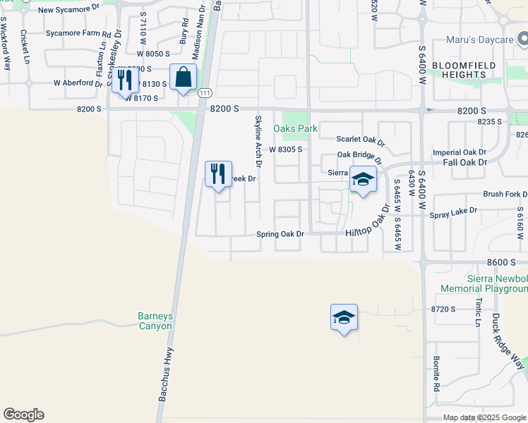 map of restaurants, bars, coffee shops, grocery stores, and more near 8471 Double Arch Circle in West Jordan