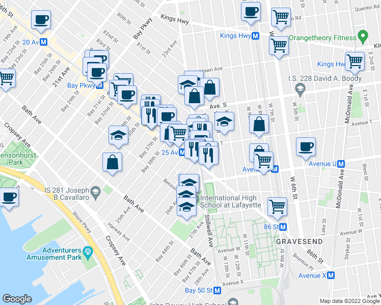 map of restaurants, bars, coffee shops, grocery stores, and more near 2533 86th Street in Brooklyn