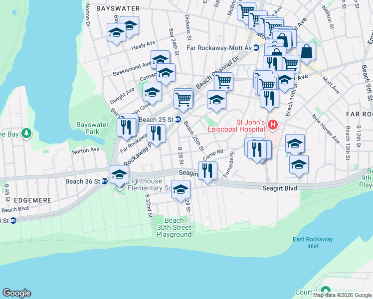 map of restaurants, bars, coffee shops, grocery stores, and more near 27-06 Deerfield Road in Queens