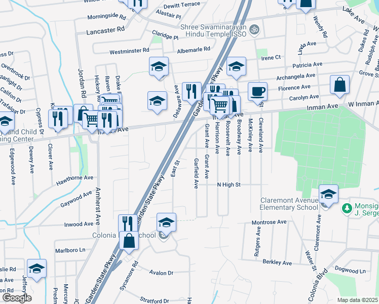 map of restaurants, bars, coffee shops, grocery stores, and more near 3 Liam Court in Woodbridge Township
