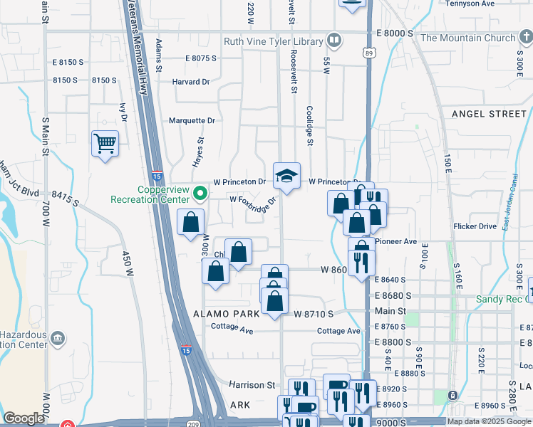 map of restaurants, bars, coffee shops, grocery stores, and more near 187 Foxbridge Drive in Midvale