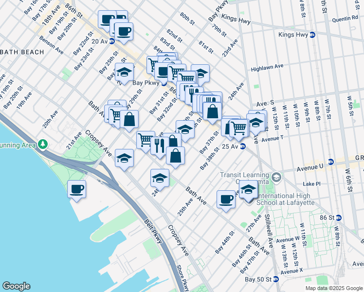 map of restaurants, bars, coffee shops, grocery stores, and more near 2360 Benson Avenue in Brooklyn