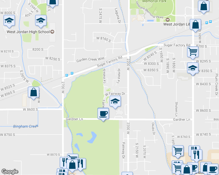 map of restaurants, bars, coffee shops, grocery stores, and more near 2351 West 8450 South in West Jordan