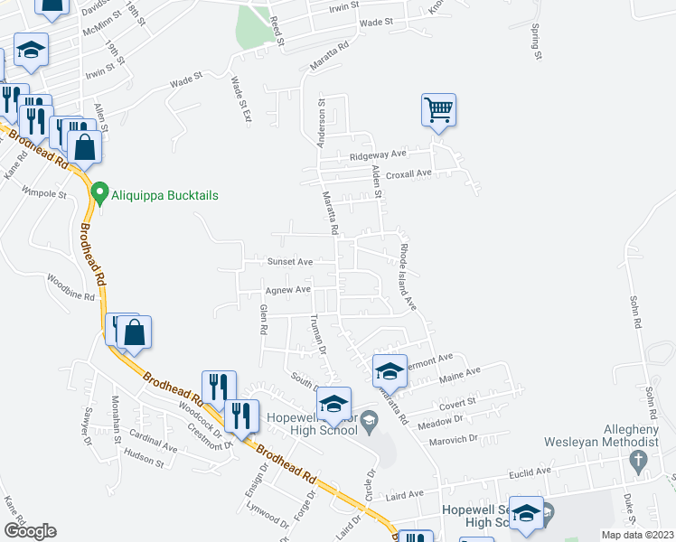map of restaurants, bars, coffee shops, grocery stores, and more near 2428 Concord Drive in Aliquippa