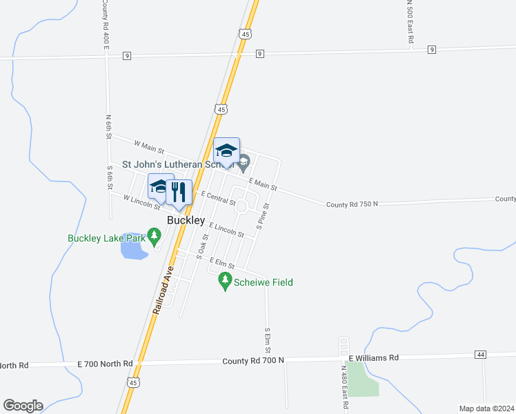 map of restaurants, bars, coffee shops, grocery stores, and more near 310 East Central Street in Buckley