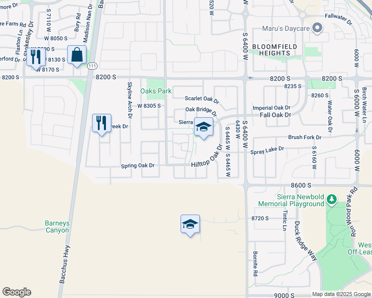 map of restaurants, bars, coffee shops, grocery stores, and more near 6616 Yellow Poppy Drive in West Jordan