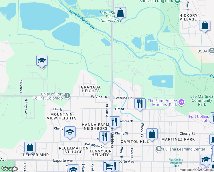 map of restaurants, bars, coffee shops, grocery stores, and more near 723 North Shields Street in Fort Collins