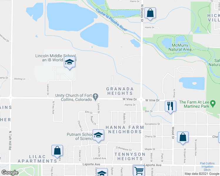 map of restaurants, bars, coffee shops, grocery stores, and more near 725 Aztec Drive in Fort Collins