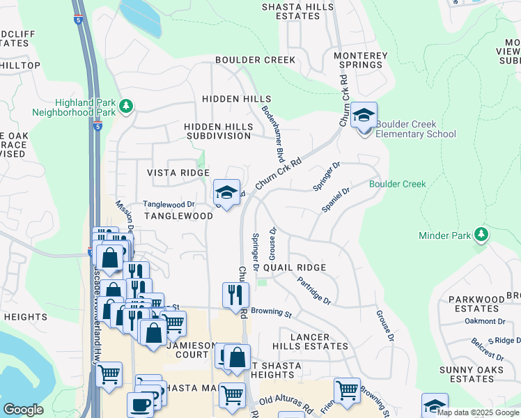 map of restaurants, bars, coffee shops, grocery stores, and more near 1227 Whistling Drive in Redding