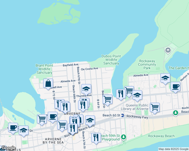 map of restaurants, bars, coffee shops, grocery stores, and more near 6-11 B 64 Street in Queens