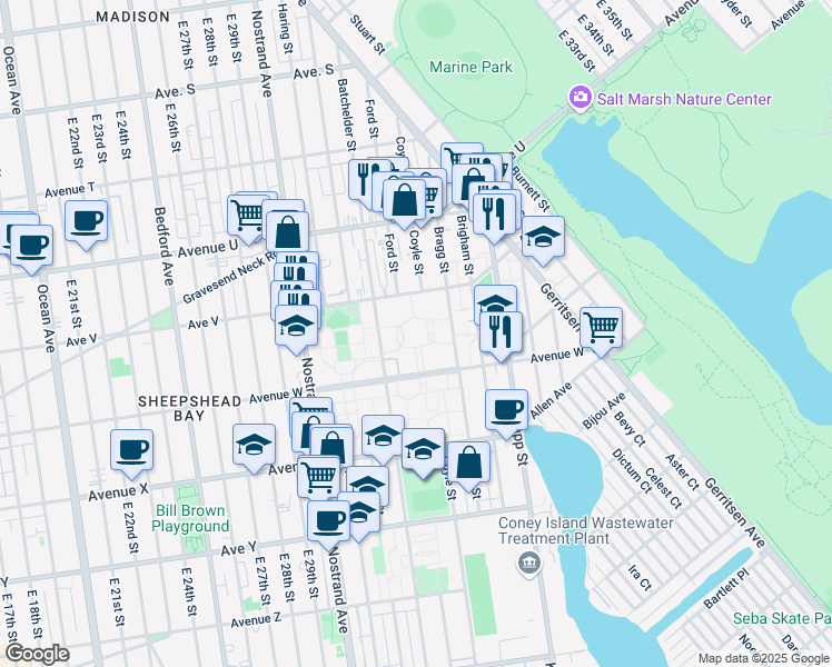 map of restaurants, bars, coffee shops, grocery stores, and more near 3004 Avenue V in Brooklyn