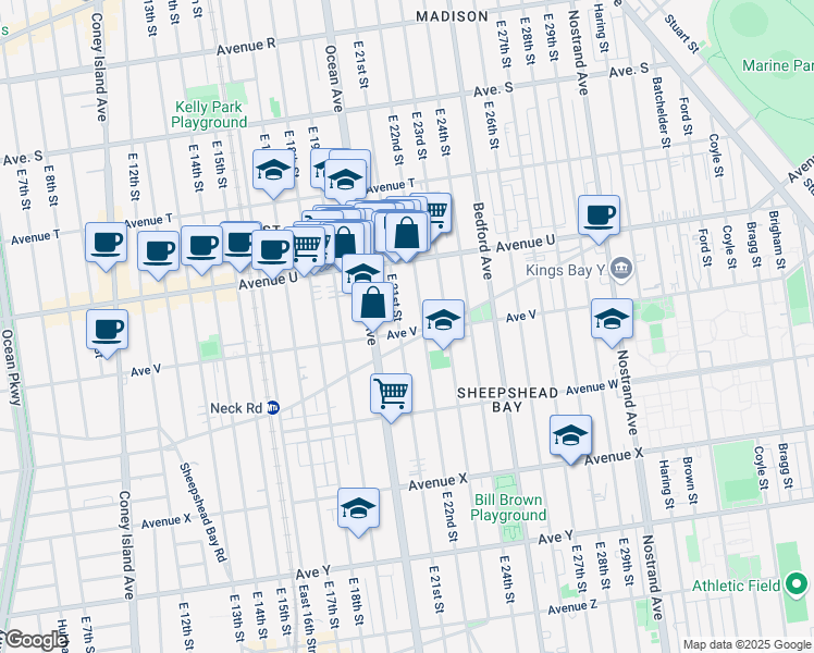 map of restaurants, bars, coffee shops, grocery stores, and more near 2250 East 21st Street in Brooklyn